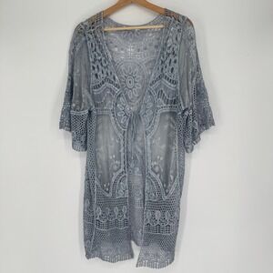 Blue Island Crochet Beach Coverup Womens M Blue Sheer Cotton Lace Boho Fairycore